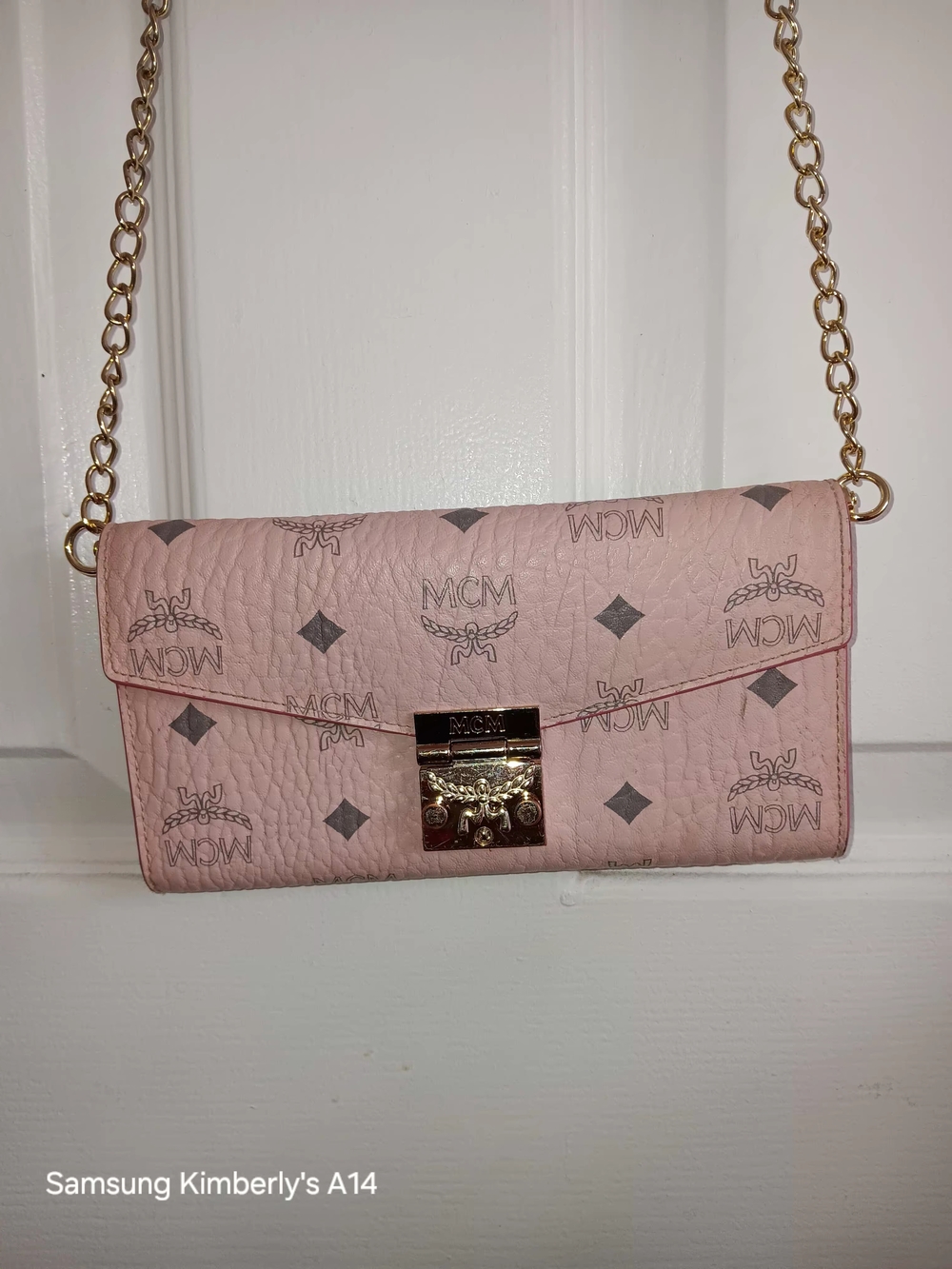 MCM Visetos Authentic Chain Wallet Bag Purse Pink Gold Logo Monogram Shoulder